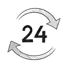Hand drawn doodle 24 hours service icon with sketchy arrows vector illustration