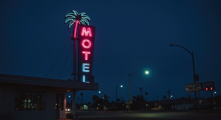 Obraz premium Illuminated motel sign displays the word motel in bright neon lights, the design also features a palm tree at the top, set against a dark blue evening sky with streetlights illuminating the...