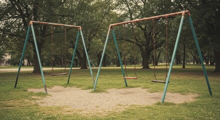 Two weathered swing sets stand side-by-side in a tranquil park setting, the metal frames displaying signs of age and rust, while the wooden seats hang still, surrounded by lush green grass and mature