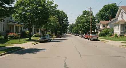 Picturesque residential street lined with lush green trees, houses, and parked cars under a bright, sunny sky.