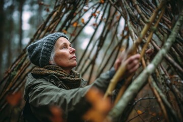 A middle aged woman creates nature art using branches in the woods Leisurely time outdoors Artistic pursuits in nature Adventure therapy