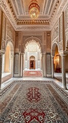 Obraz premium Elaborate Ornate Moorish Corridor, Intricate Carvings, Arches, Columns, Red Carpet