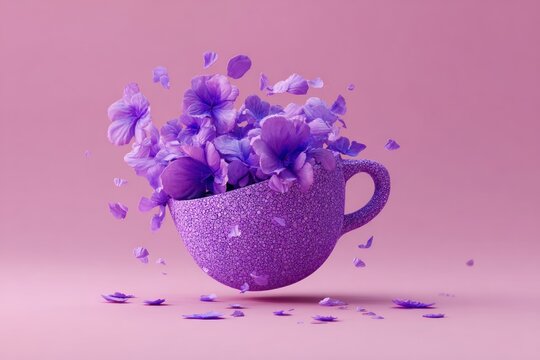 Floating purple cup overflows with blooming lavender flowers and petals on a pink background