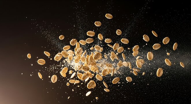 Scattered Cereal Grains in Mid-Air.