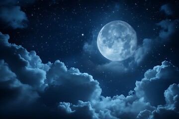 Full Moon with Bright Star Field and Fluffy Cumulus Clouds in a Night Sky