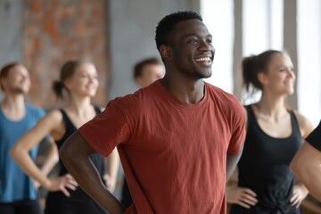 Joyful youth and a team of diverse dancers rehearsing for a major performance in a contemporary dance class