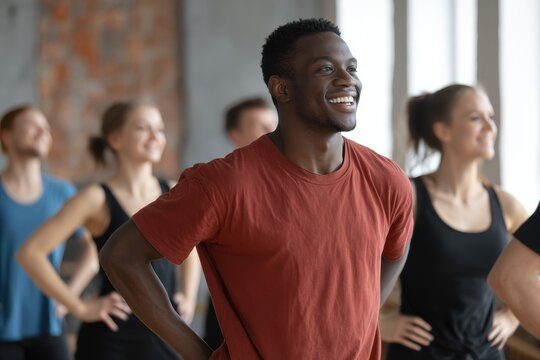 Joyful youth and a team of diverse dancers rehearsing for a major performance in a contemporary dance class