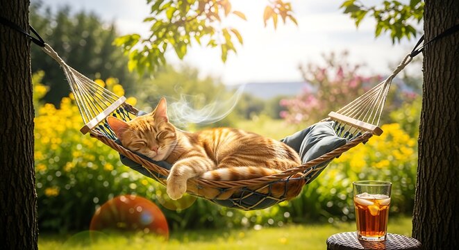 Relaxing Cat in a Garden Hammock.