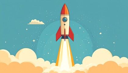 Fototapeta premium Cartoon rocket ship launching from clouds into a starry sky with illustration.