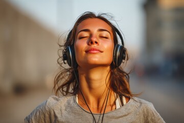 Athletic woman joyfully listens to wireless headphones in an outdoor city setting
