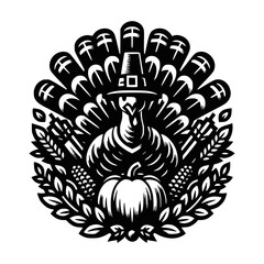 Thanksgiving, illustration of a turkey with pumpkin and corn