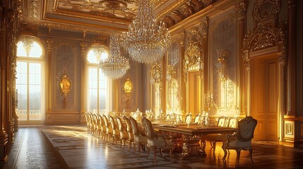 Grandiose Dining Hall, Gold Trimmed Walls, Chandeliers, Windows and Ornate Dining Table