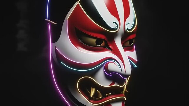 Futuristic Japanese Kabuki Oni Mask with Glowing Neon Lights.