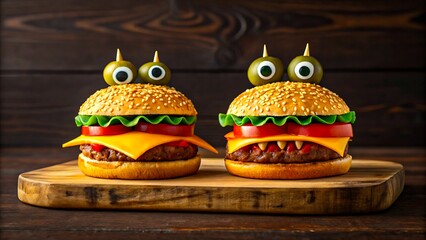 Creative monster burgers with cheese eyes and vegetables on wooden table
