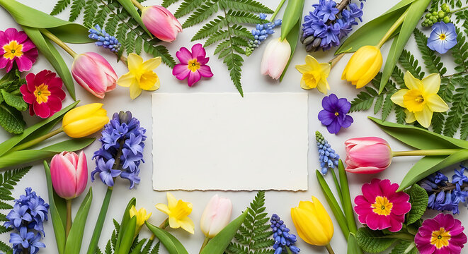 Spring flowers frame blank paper, perfect for Easter greetings or garden party invitations, cheerful vibrant blossoms for seasonal designs and announcements