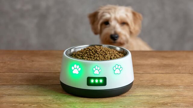 Smart pet bowl with green LED light and digital display, filled with dry dog food wooden table, small tan dog background, modern technology for pet care, healthy nutrition, pet and dog essentials