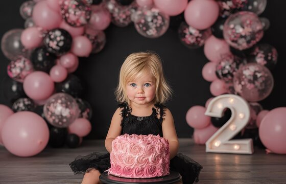 A pink themed birthday celebration for a playful blonde 2 year old featuring a cake smash on a black backdrop styled with sweet decorations and balloons