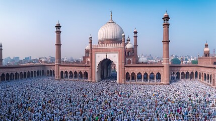 Obraz premium Indian Muslim Worshippers Gather at Jama Masjid Mosque, Delhi, during Eid alFitr