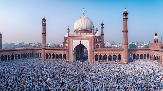 Indian Muslim Worshippers Gather at Jama Masjid Mosque, Delhi, during Eid alFitr