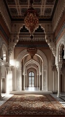 Obraz premium Intricate Interior Arches Columns, Ornate Ceiling Lamp, Middle Eastern Architectural Design