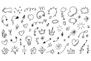 Assortment of 50 hand-drawn doodle elements including arrows, hearts, stars, crowns, and crystals illustration