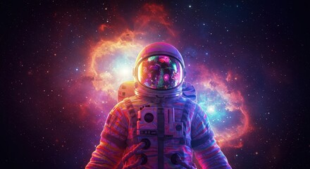 A solitary astronaut, illuminated with vibrant hues, stands against a backdrop of a cosmic nebula, their helmet reflecting the spectacular space scene around them, enveloped by a sea of stardust