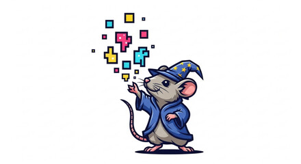 Fototapeta premium Illustration of a cartoon mouse dressed as a wizard casting colorful pixelated spells with a blue robe and hat