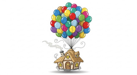 Illustration of a small house being lifted into the air by a large bunch of colorful party balloons