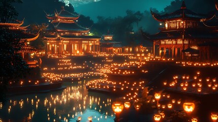 Fototapeta premium Luminous Chinese Pagodas Illuminated by Lanterns Reflecting on Water in a Night