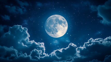Luminous Full Moon Night Sky with Clouds and Starry Backdrop Illumination