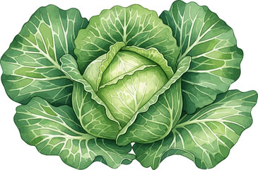 Obraz premium Watercolor Illustration of Green Cabbage Head.