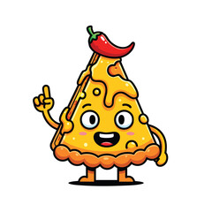 A cheerful slice of pizza mascot with a spicy red chili pepper on its head.