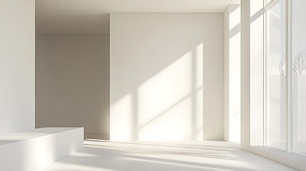 Fototapeta premium Minimalist White Interior With Sunlight Streaming Through Windows And An Open Doorway Nearby