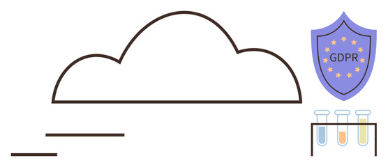 Cloud outline with shield labeled GDPR and test tubes on a rack representing data security, compliance, analytics. Ideal for tech, privacy, innovation, cloud storage, regulations, laboratory simple