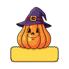 A cute cartoon jackolantern pumpkin wearing a purple witchs hat with a blank yellow banner.