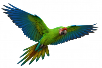 Great green macaw parrot flying with outstretched wings, colorful feathers, vibrant plumages on transparent background