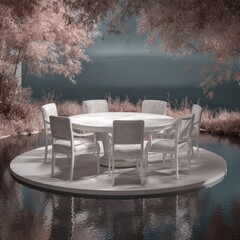 A circular outdoor dining set in a serene, infrared-toned landscape with water and trees