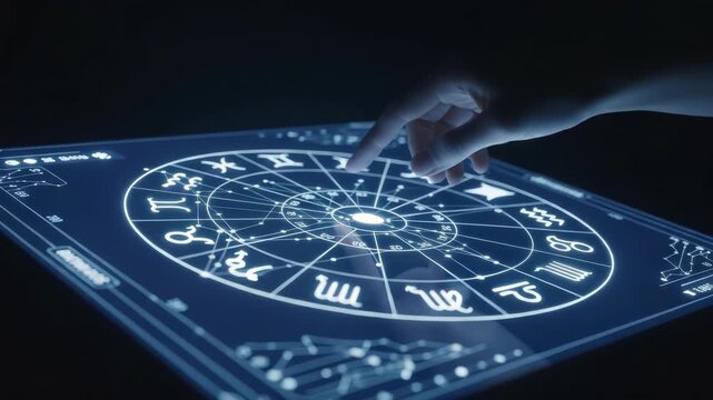 human hand interacts with glowing blue digital astrological chart displaying zodiac signs and planetary alignments on futuristic interface in dark setting