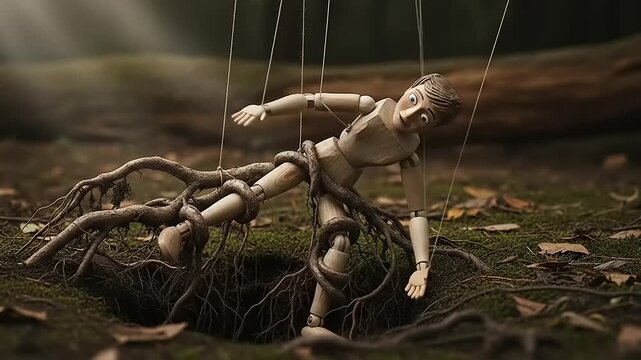 Wooden puppet entangled in roots, symbolizing control and manipulation in a dark forest.