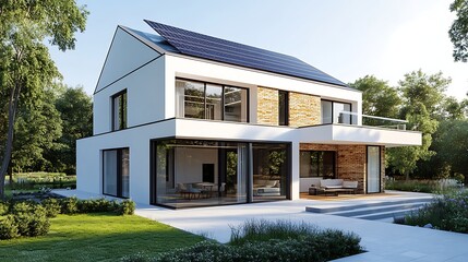 Fototapeta premium Modern White House with Solar Panels, Garden, Patio Furniture and Large Glass Windows