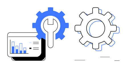 Wrench inside gear, analytics dashboard and cogwheel symbolize tools for system configuration, analytics, and optimization. Ideal for technology, repair, analysis, problem-solving, innovation