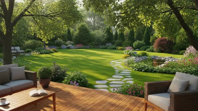 sunlit garden features wooden deck with outdoor sofa coffee table open book and cup A lush green lawn winding stone path tranquil pond and diverse plants create serene outdoor retreat