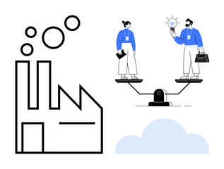 Factory emitting fumes near a balanced scale with two professionals discussing a light bulb idea. Ideal for sustainability, innovation, teamwork, industry, decision-making, balance, environmental