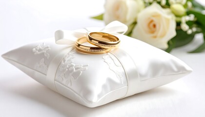 Elegant Wedding Rings on White Pillow with Roses with Romance and Celebration.