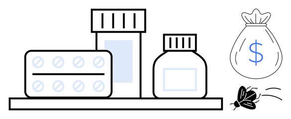 Pills, medicine bottles on shelf with dollar bag and flying cash, conveying high healthcare costs. Ideal for medicine, health, finance, economy, pharmaceuticals savings budgeting. Simple flat