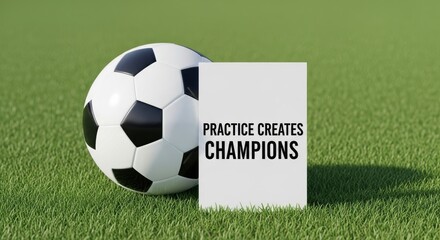 Obraz premium Soccer ball next to a sign saying practice creates champions