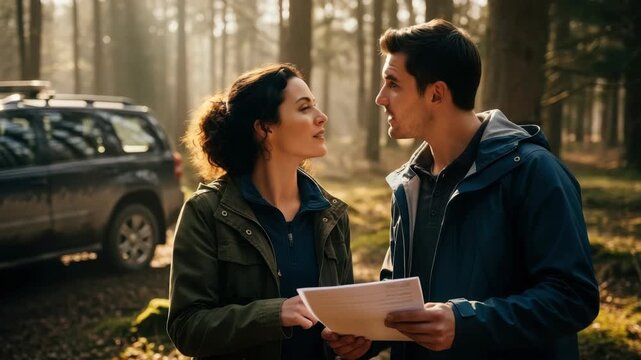 Two individuals woman in an olive jacket and man in blue one consult documents in sunlit forest A dark SUV is parked behind them suggesting an outdoor expedition