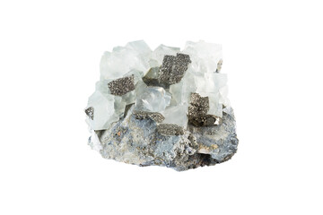 Natural fluorite mineral with cubic crystal structure and pyrite specks, a geological specimen photographed on a bright white background.