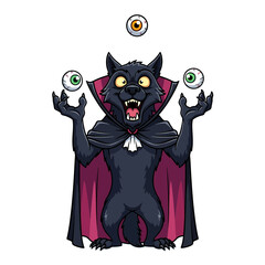 Cartoon Werewolf Juggling Eyeballs with a Black and Purple Cape