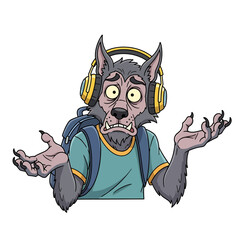 Confused Cartoon Werewolf with Headphones and Backpack Shrugging Shoulders